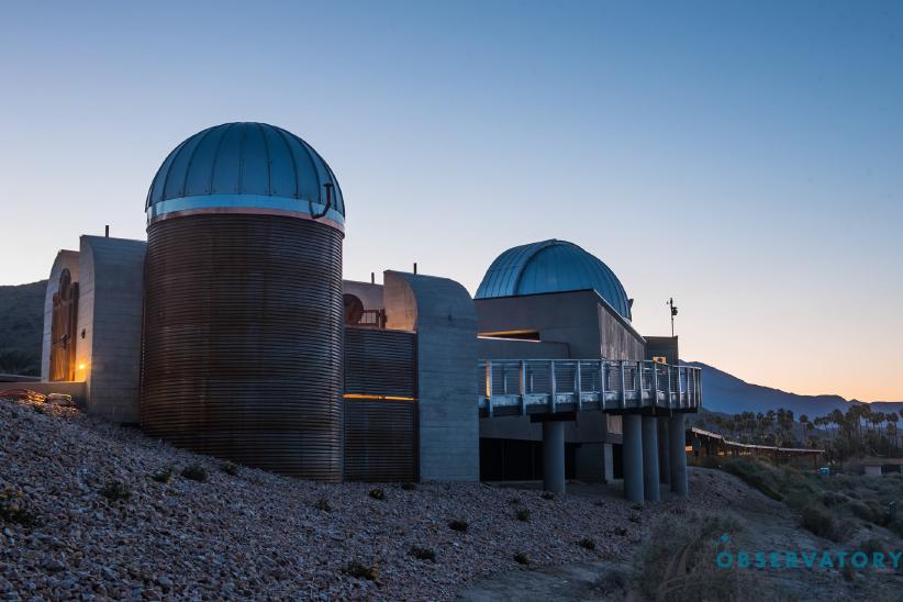 Outdoor view of the Rancho Mirage Observatory at sunset.